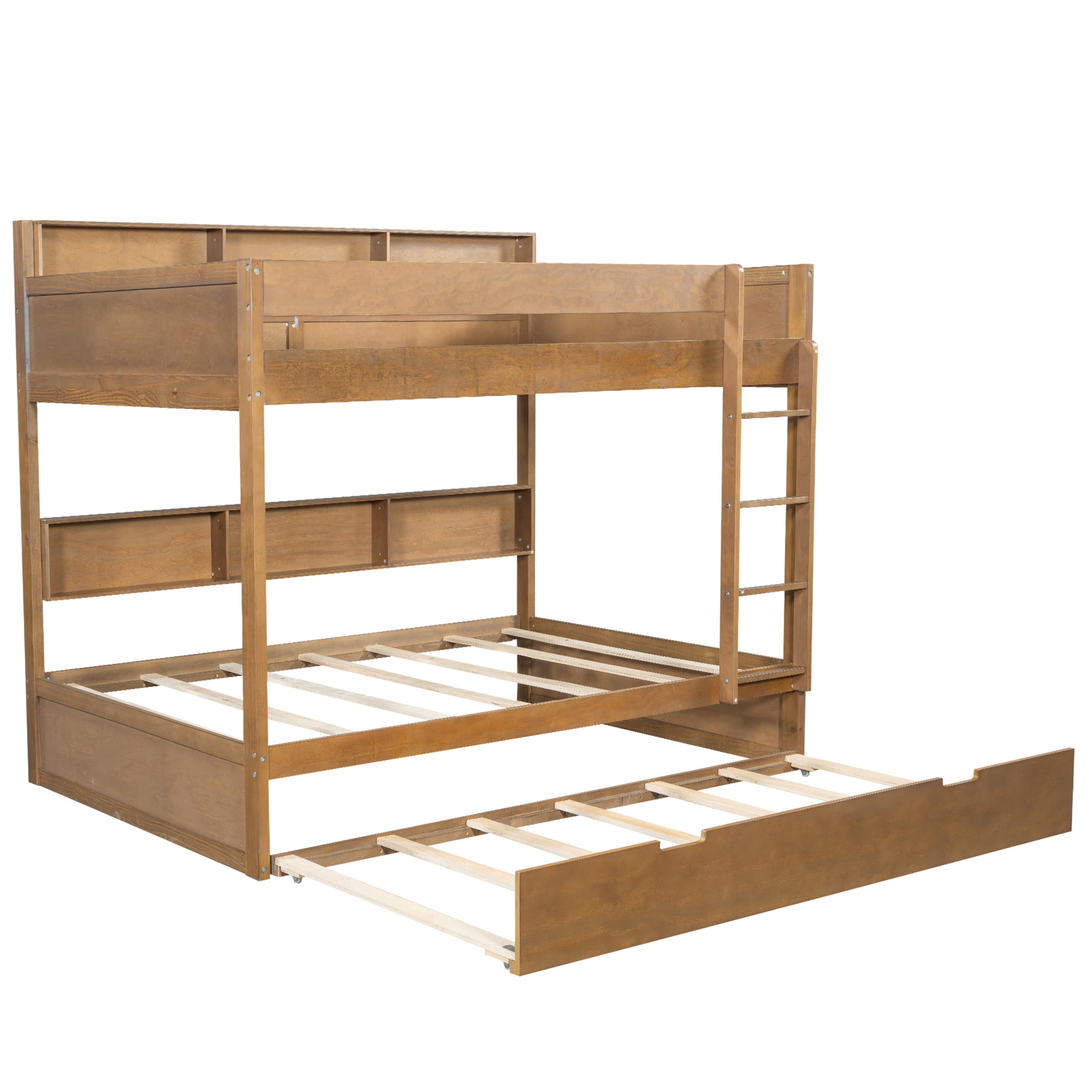 Noble House Erika Twin over Twin Bunk Bed with Pull-out Trundle and Integrated Storage Shelves, Antique Wood