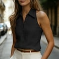 thumbnail image 4 of Women's Cotton Solid Color Sleeveless Shirts Front Collared Dressy Casual Blouses Loose office Tank Tops Black, 4 of 8