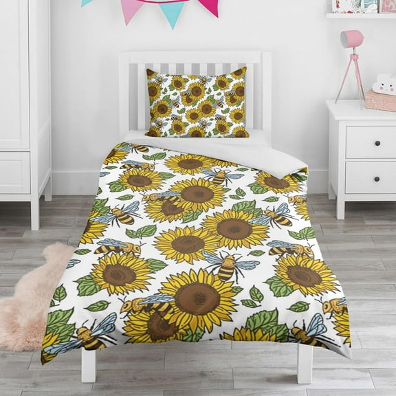 White Sunflower Duvet Cover and Pillowcase Set for Single Bedding, Bedroom Accessories for Kids Teens