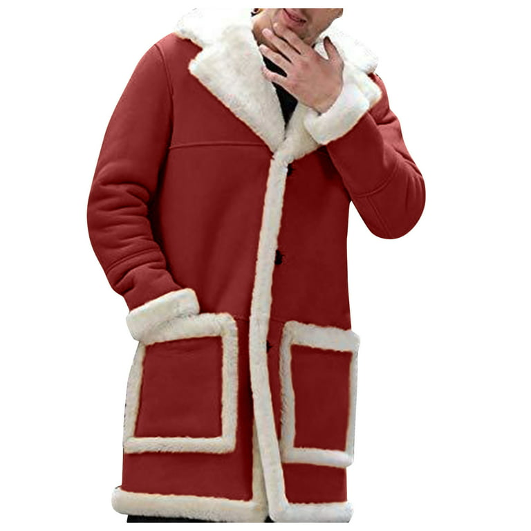 haxmnou men's shearling leather coat suede sherpa lined sheepskin long  jacket red xxl