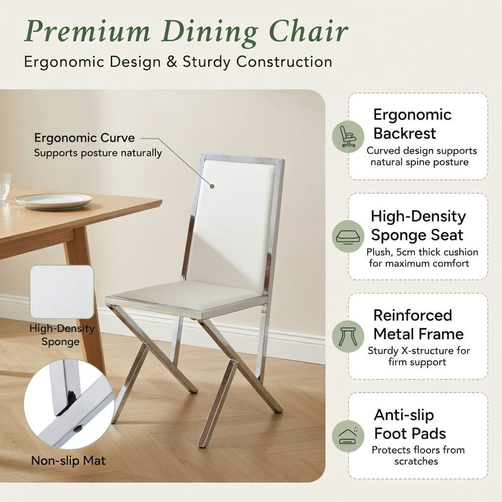 Hommoo 2-Pack Modern PU Leather Dining Chairs with Metal Frame, Ergonomic Design, Easy Assembly & Anti-Slip Adjustable Feet, White & Sliver