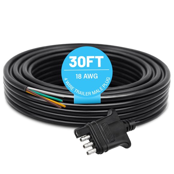 MECMO 4 Way Trailer End Connector Wire 30 Feet Jacketed Cable, Heavy Duty 18AWG Color-Coded Copper Trailer-Side Male End 4 Pin Flat Trailer