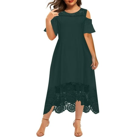 Women Plus Size Cold Shoulder Overlay Asymmetric Chiffon Strapless Sequins Dress Lace Splicing Short Sleeve Dresses