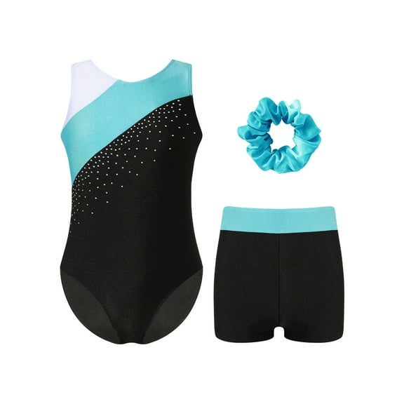 dPois Kids Girls Sleeveless Sparkle Gymnastics Leotard Ballet Dance Biketard Unitard Matching Shorts Blue Green 14