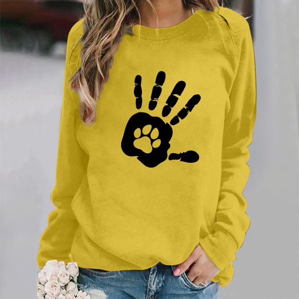 ICHUANYI Clearance Women's Round Neck Top Casual Fashion, Personalized Printing Loose Fitting, Slimming Long Sleeves(Yellow, M) ICHUANYI WER2023081513144