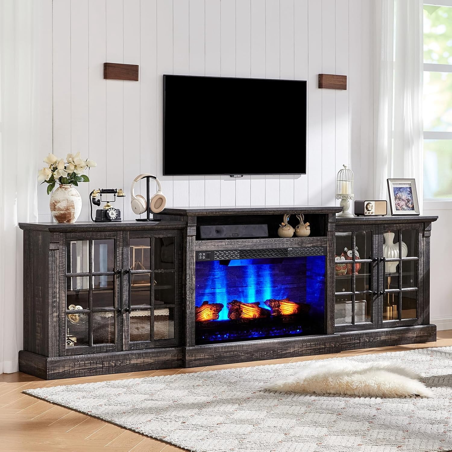 Merluxy 97" Farmhouse Fireplace TV Stand, Entertainment Center with Adjustable Shelf, Black