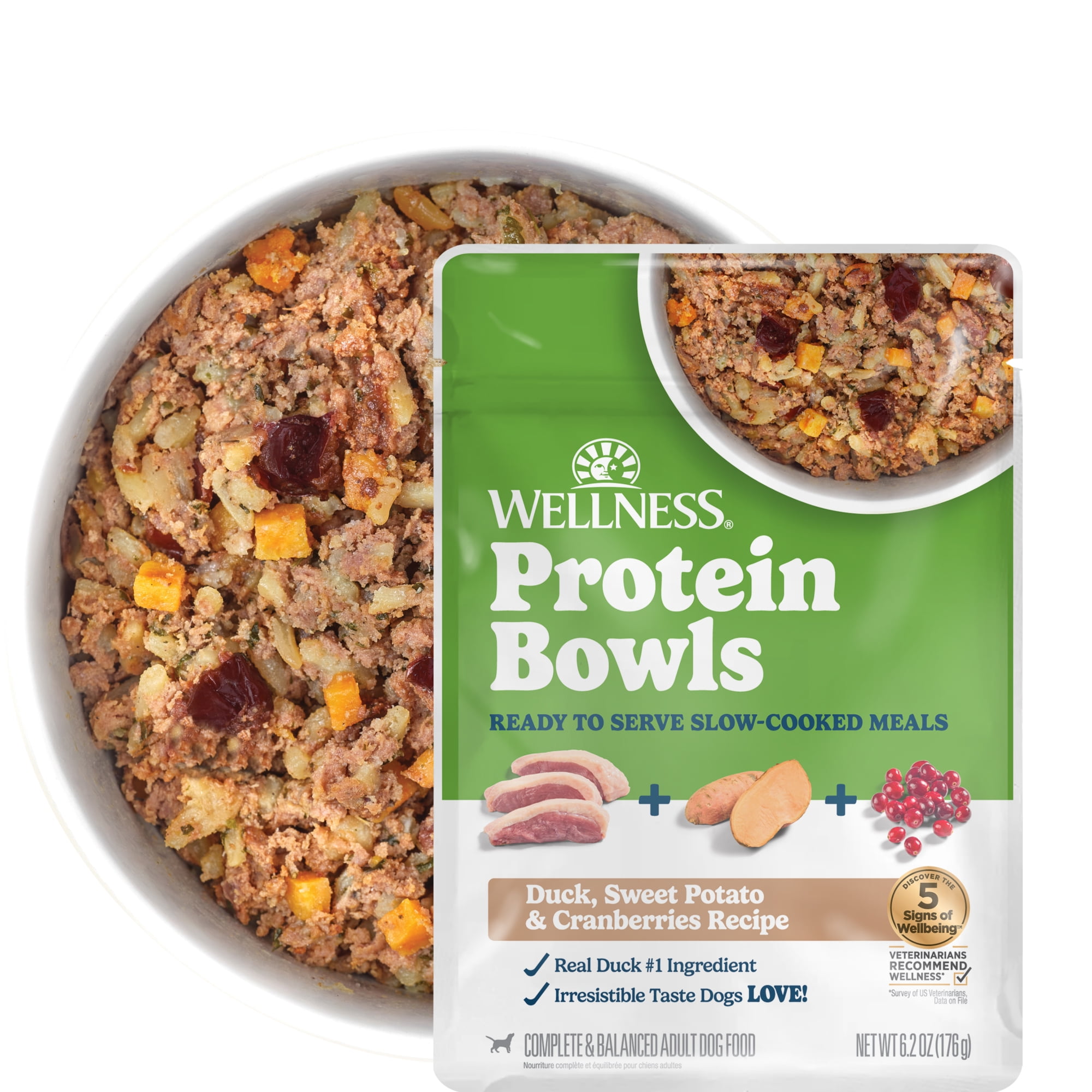 Wellness Protein Bowls, Adult Fresh Alternative Dog Food, Wholesome Grains, 6.2 Ounce Pouch, 6 Pack, (Duck, Sweet Potato & Cranberries Recipe)