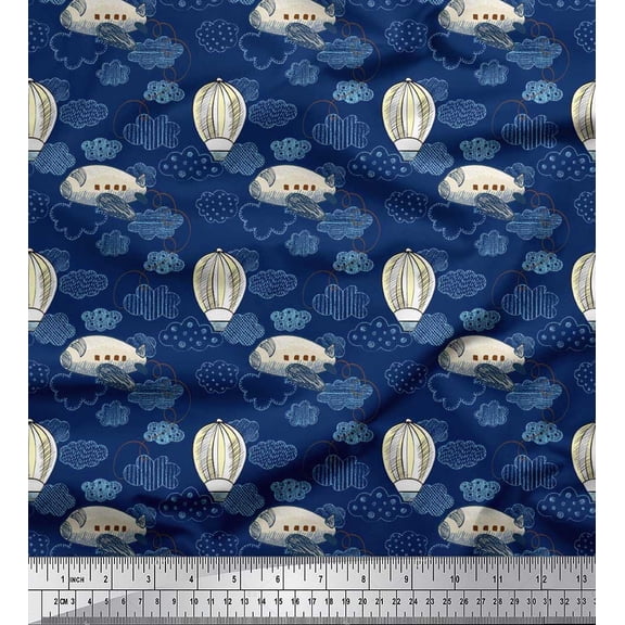 Soimoi Rayon Fabric Clouds,Airplane & Hot Air Balloon Holiday Print Fabric by The Yard 42 Inch Wide