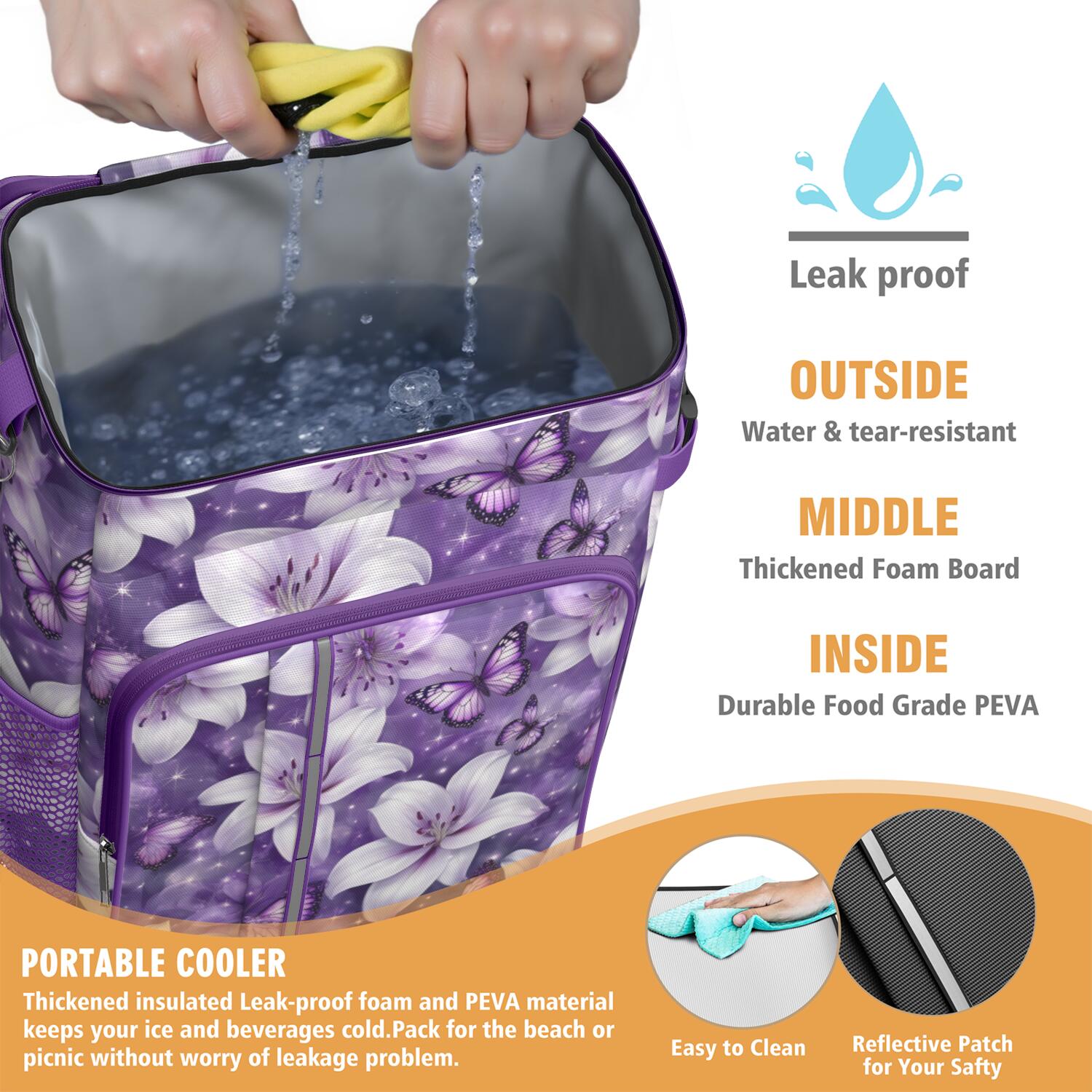 Travel Cooler Bag - Purple Butterflies and Lilies Camping Beer Cooler Backpack with Bottle Opener- Waterproof Insulated Picnic Backpacks - Cooler Bag for Beach