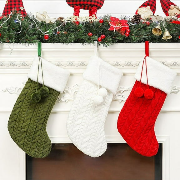 16" Christmas Stockings, 3pcs Cable Knit Christmas Stockings with Plush Faux Fur for Family Holiday Decorations, Large Knitted Rustic Xmas Stockings, Cream,Burgundy,Green