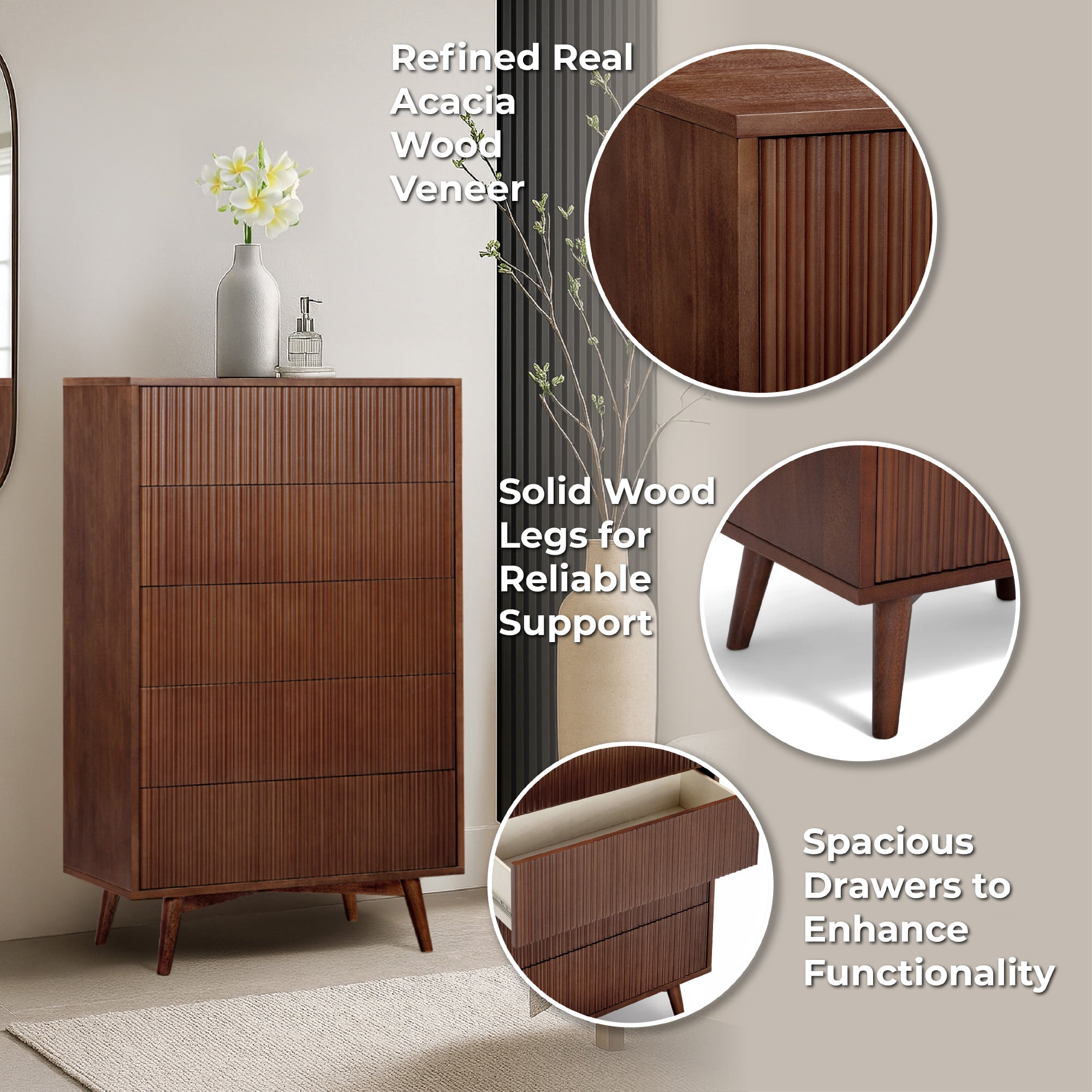 Tremolo 5-Drawer Dresser, Walnut – Teamson Home: Push-Open Chest of Drawers with Natural Acacia Fluted Fronts for Modern Bedrooms & Closet Storage