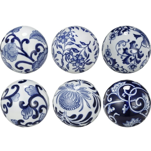 Ceramic Decorative Orbs - Modern Blue & White Spheres - Set of 6