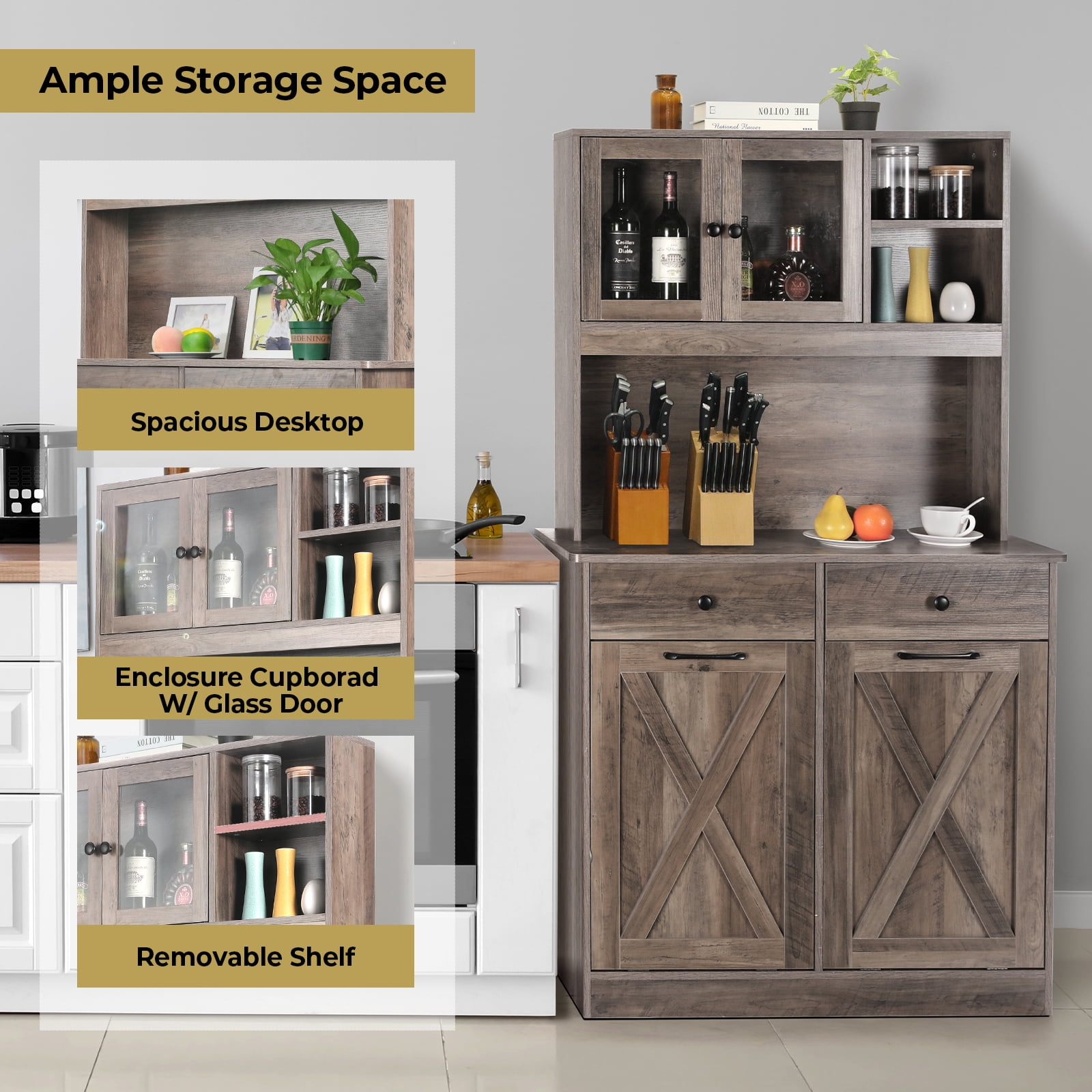 LAZY BUDDY Double Tilt Out Trash Cabinet 2 x 10 gal Solid Wood Hideaway Trash Holder Wooden Free Standing Recycling Cabinets Bin for Kitchen, Gray