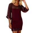 thumbnail image 2 of Mceream Women's Sequin Trim Sheer Mesh Mini Dress, Elbow Sleeve, Loose Shift Fit, Party, Night Out, Evening Events Wine S, 2 of 5