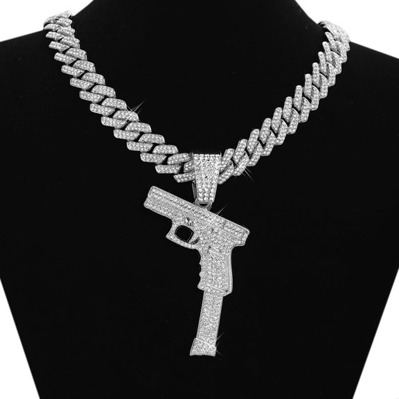 ICED SILVER PLATED CUBIC ZIRCONIA MEN'S HIP HOP STYLE PENDANT & 15mm 20" CUBAN CHAIN NECKLACE