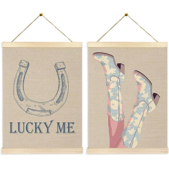 shiyou-Western Cowgirl Boots Wall Art with Wooden Poster Hanger Set of 2, Coastal Cowgirl Granddaughter Room Decor, Beach Room Decor, Western Wall Decor, Coastal Beach Wall Art Decor, 12x16 Inch