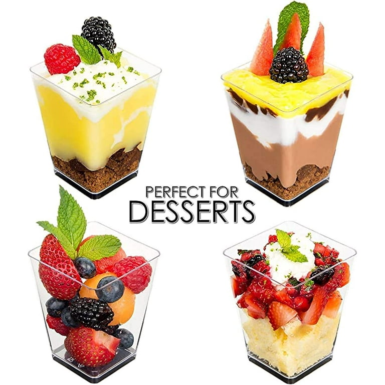 DLux 50 x 3 oz Mini Dessert Cups with Spoons, Square Tall - Clear Plas
