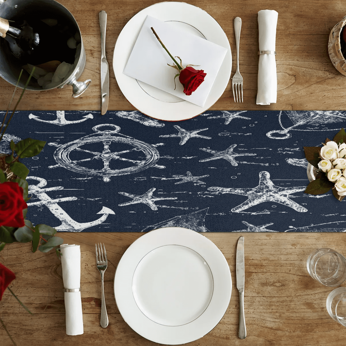 Qzaxky Table Runner Boho Table Runner Vintage Anchor Starfish Nautical Retro Bohemian Boho Outdoor Table Runner Decoration for Indoor Outdoor Home Dinner Party Wedding Decor 13 x 48 Inch