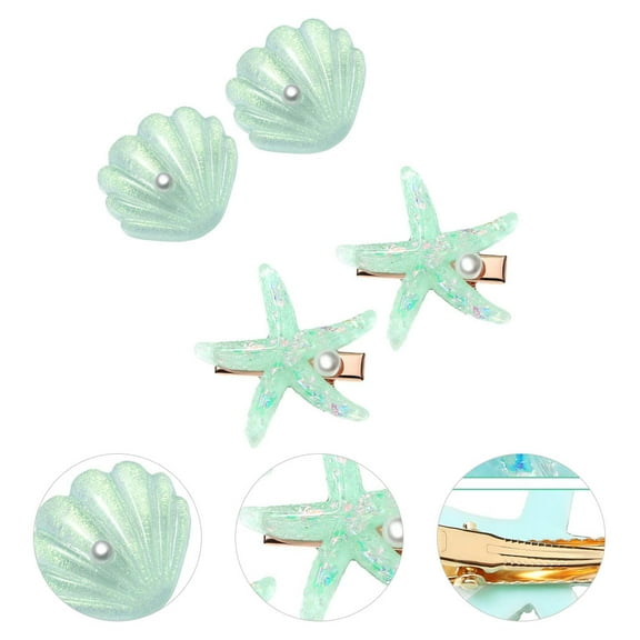 OULII 4Pcs Attractive Green Shell Hair Clips Sea Star Hairpin Suits for Beach and Daily Wear