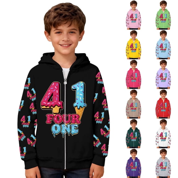 Boys 41 Zip Up Jacket Cartoon Print Hooded Long Sleeve Athletic Outerwear Kids Fleece Lined Coat Black 3 Y-4 Y