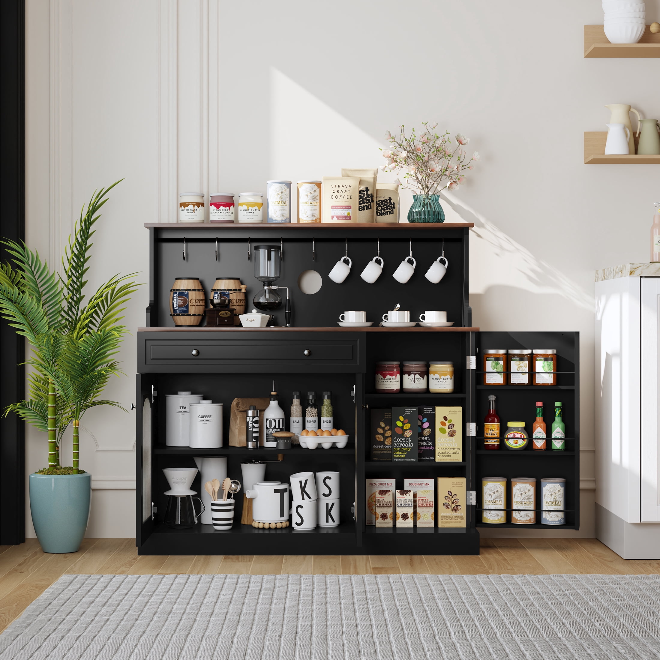 HLR 48" Modern Wood Kitchen Pantry Cabinet, Coffee Bar with Drawer & Microwave Stand, Dining Room, Black