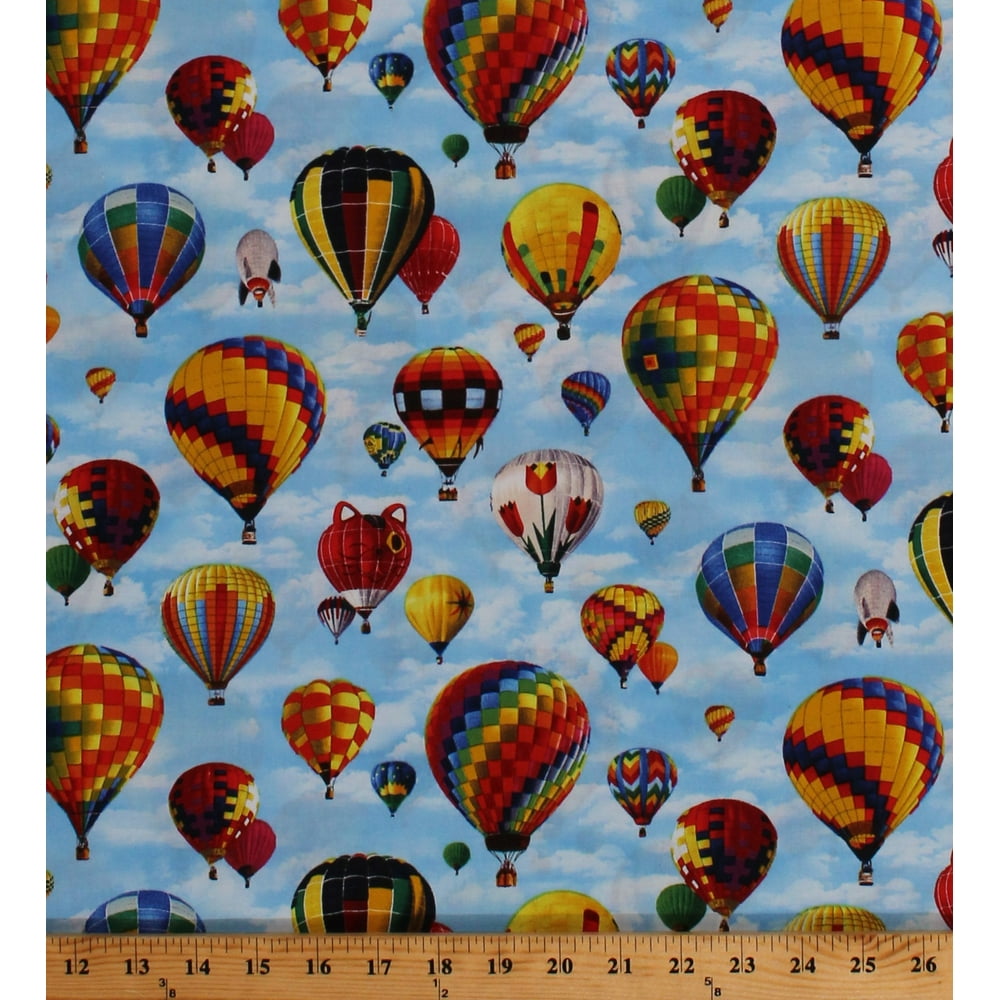 Cotton Hot Air Balloons in Blue Sky Balloon Festival Ballooning In Motion Cotton Fabric Print by