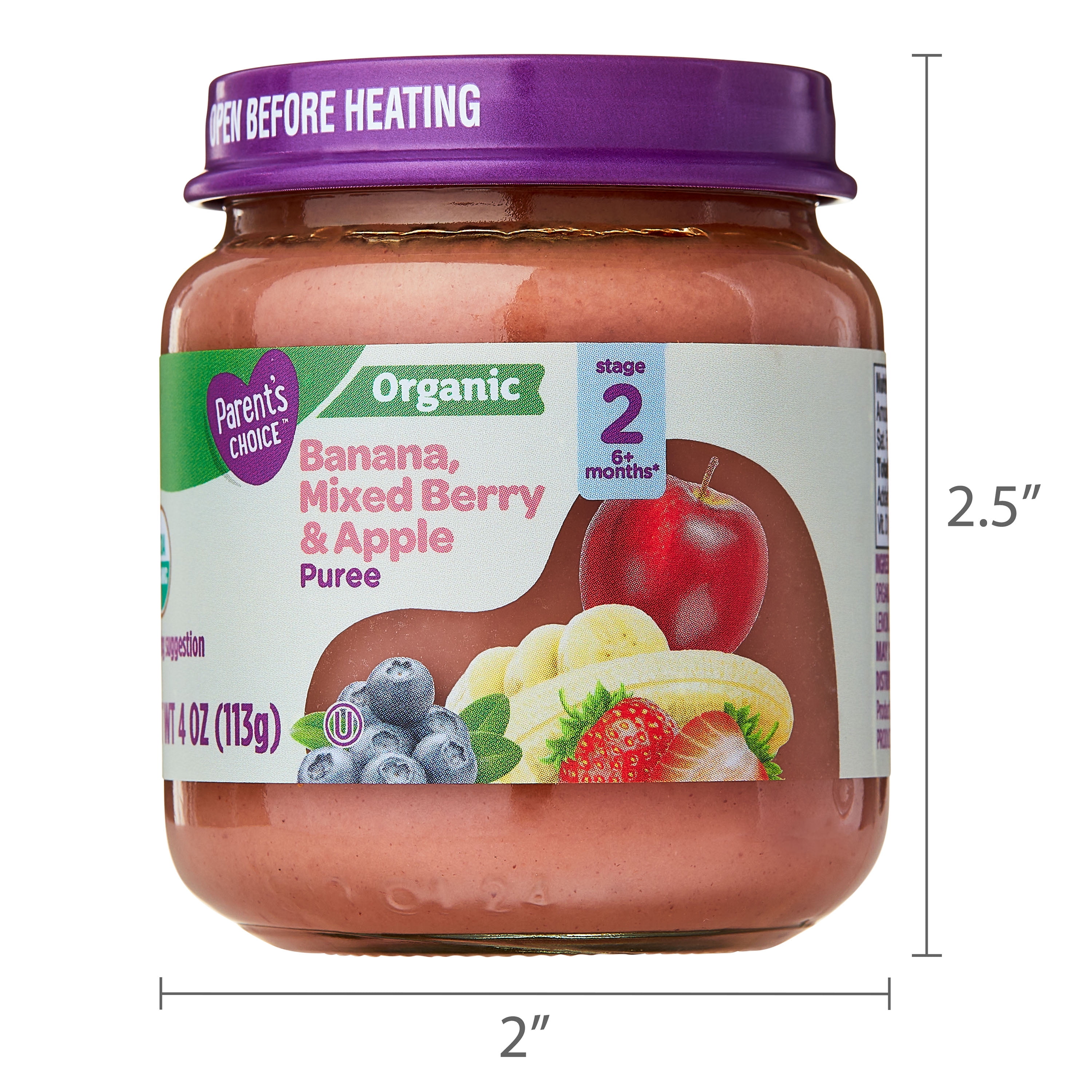 (12 pack) Parent's Choice Organic Stage 2 Baby Food Banana, Mixed Berry, and Apple Puree, 4 oz Jar
