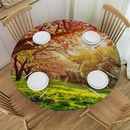 

BCIIG Sunlight Trees Grass Round Table Cover Stain Resistant Washable Indoor Outdoor Tablecloth Kitchen Dining Wedding Parties Picnic Camping 100% Polyester Fiber 38-42