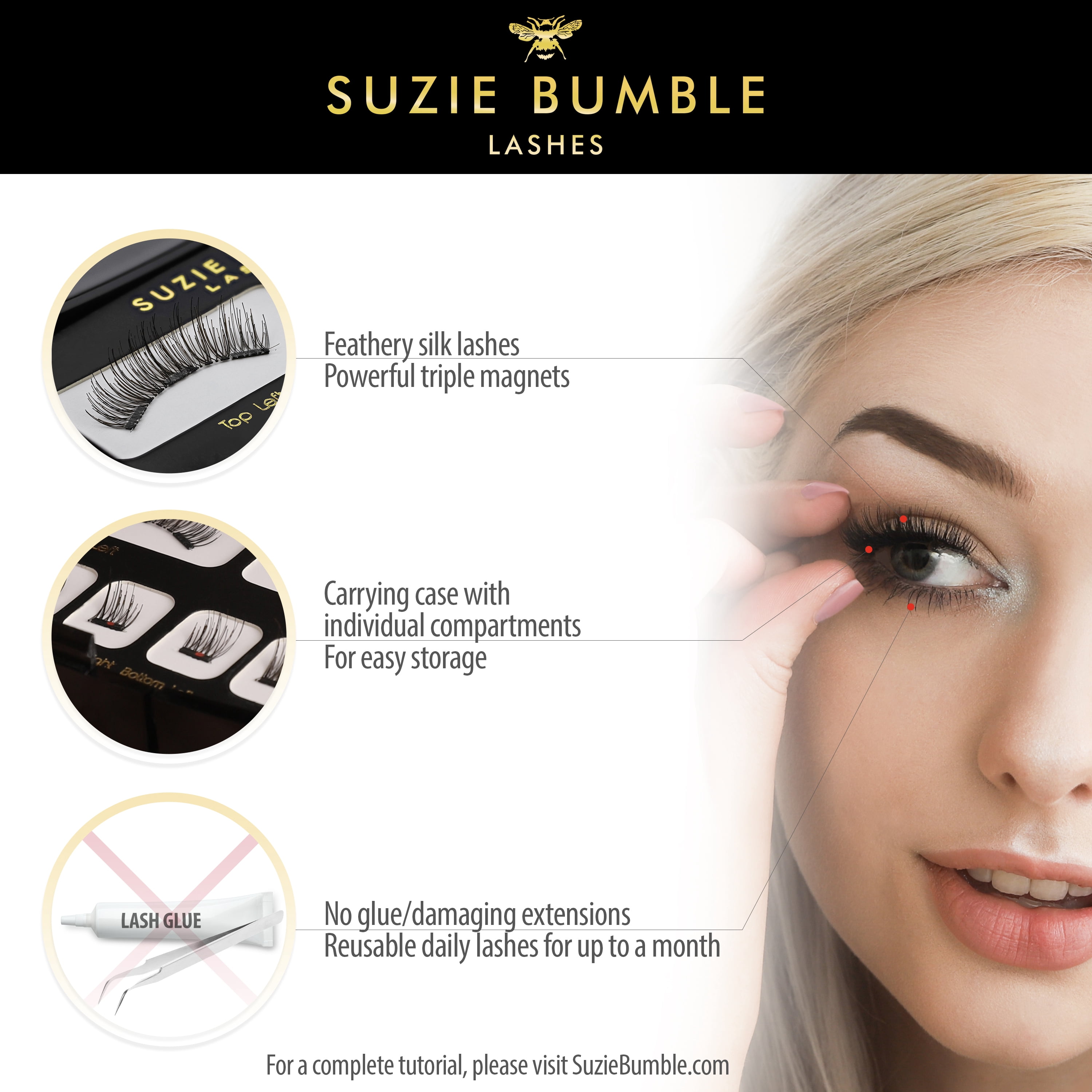 Suzie Bumble Magnetic Lashes for Natural Look; Magnetic Eyelashes Eyelash Extension Kit - Pestañas Postizas Magneticas - Comes with Beautiful Mirror Travel Case