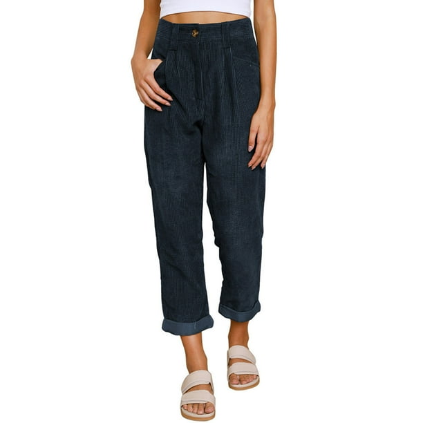 Pantalones de pana de color liso para mujer, pantalón informal, holgado, de cintura alta y pierna ancha, para otoño e invierno