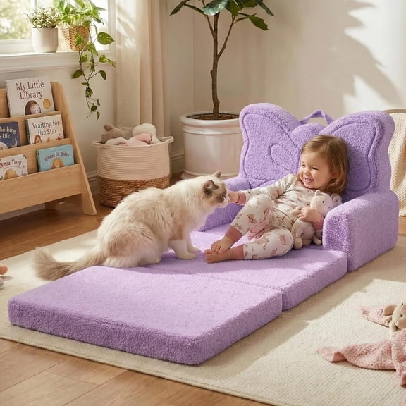 Beavtaens Toddler Couch, 49.2" x 16.3" Kids Sofa, 2-in-1 Flip Open Couch, Purple
