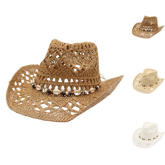 UJNDER Unisex Hollowed Out Cowboy Hat Handwoven Straw Summer Sun Block Western Style Shapeable Hat for Outdoor Summer Hat for Women Khaki_004,One Size