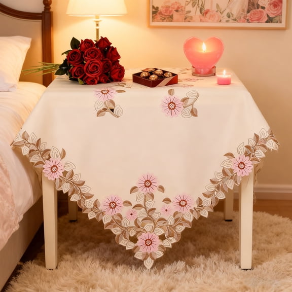 Cozilinen Embroidered Lace Trim Tablecloth Washable Polyester Linen Table Cover For Holiday Decor Christmas Valentines Day Dining Decor