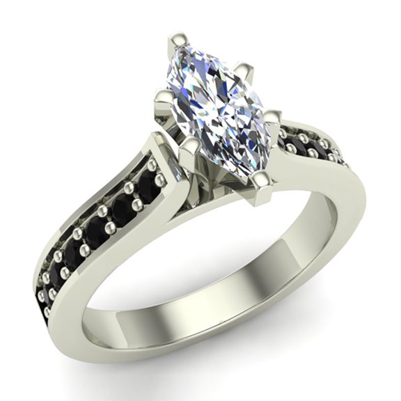 Marquise Cut Black Diamond Rings Gift Ring Box Authenticity Cards 1.10 CT TW 14K White Gold (F,VS1)