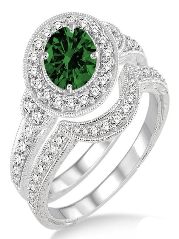 1.5 Carat Round Cut Green Emerald And Diamond Moissanite Antique Halo