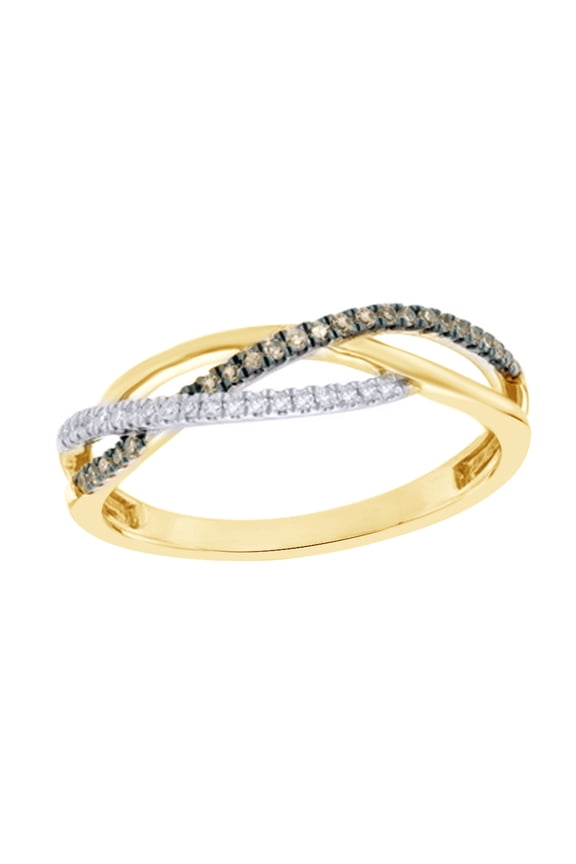 Round Cut Champagne & White Natural Diamond Crossover Ring in 10k Yellow Gold (0.17 Cttw)