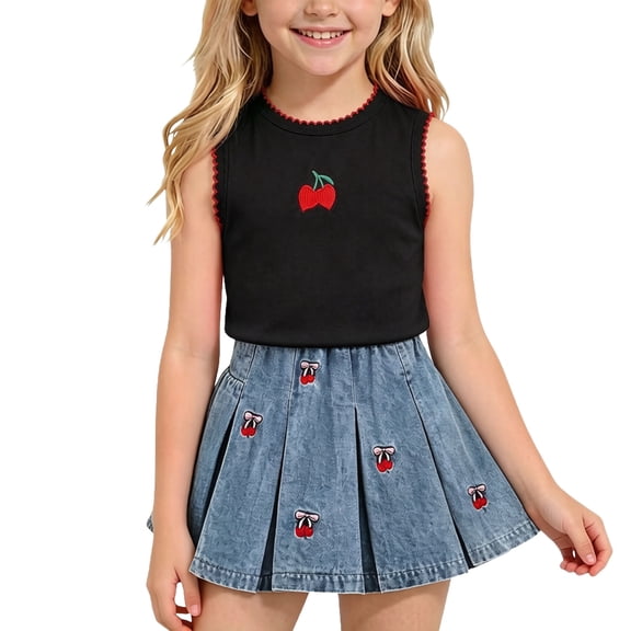 ATOGUTA Gym Outfits for Girls Sleeveless Tank Top and Elastic Waist Denim Skirts Size 2T-8 Kids Vacation Matching Sets Black