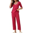 thumbnail image 2 of INSPIRE CHIC Women's Satin Pajama Set Half Sleeve Lace Top with Long Pants 2 Piece Sleepwear Sets XL Red, 2 of 6