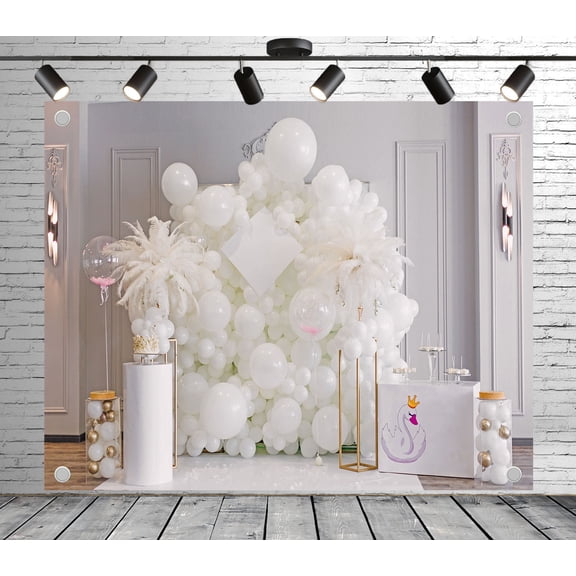 Fabric Elegant White Balloon & Feather Party Backdrop（Suitable for Event Decoration, Photoshoots, and Luxurious Celebration - Themed Scenes）Party Decor Fabric Banner