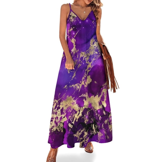 Vestido sin mangas con estampado de galaxia de mármol en morado real y dorado, ropa de vestir de lujo para mujer