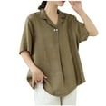 thumbnail image 3 of Dazajoo Womens Cotton Linen V Neck Tops Vintage Embroidered Button T Shirt Summer Beach Casual Loose Short Sleeve Blouse,Khaki,XL, 3 of 5