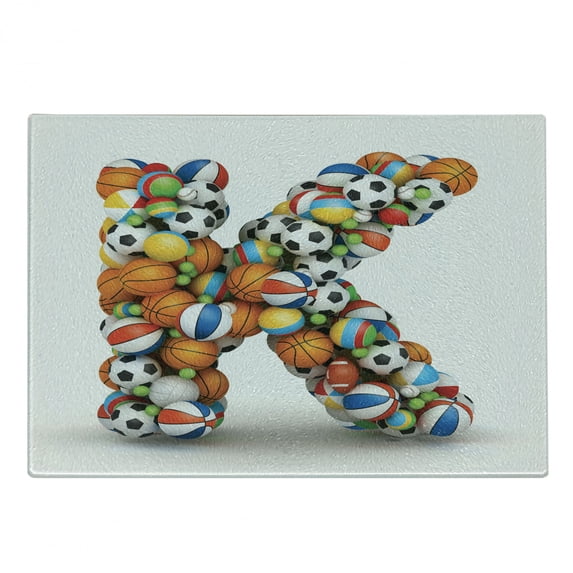 Letter K Cutting Board, Alphabet Letter with Gaming Balls of Popular Sports Fun Initial Monogram Design, Decorative Tempered Glass Cutting and Serving Board, Small Size, Multicolor, by Ambesonne