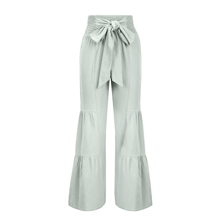 Bigersell Wide Leg Pants for Women Full Length Women's Fashion Casual High  Waist Elastic Waist Drawstring Straps Solid Color Ruffle Wide Leg Long  Pants Ladies Casual Overall Jeans 