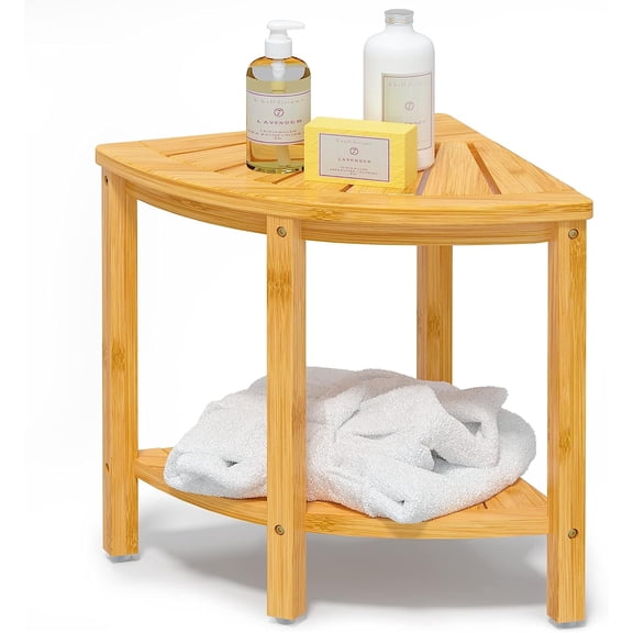 Bambloom Corner Shower Bench,Bamboo Shower Stool with Storage Shelf,Natural
