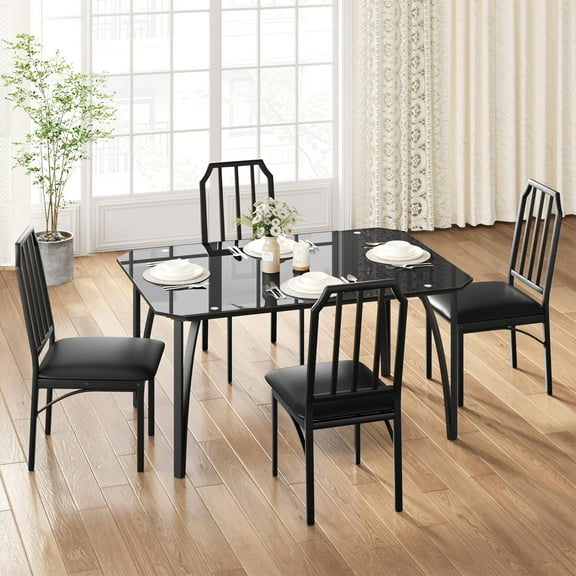 TROPOW Dining Table Set for 4, Kitchen Table Chairs Set of 4 with Ultra Comfortable PU Cushion, Dining Room Table Set for 4 Furniture with Kitchen Chairs Suitable for Small Space - Black Glass