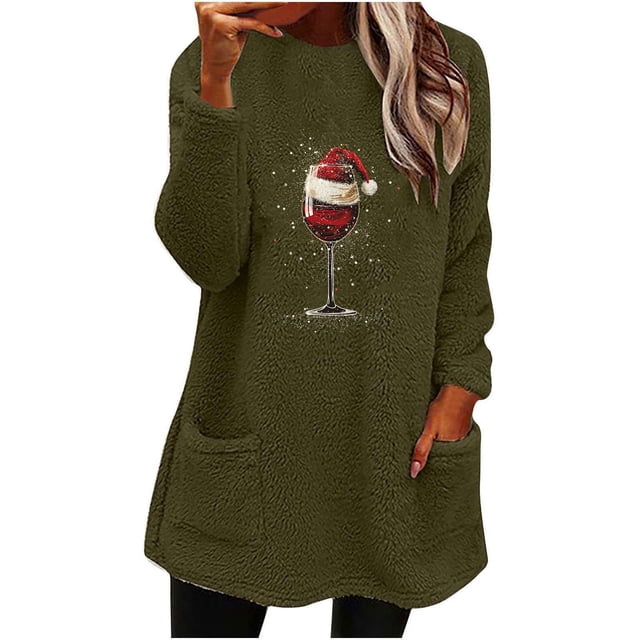 Pisexur Chandails en Molleton de Noël pour Femmes en Polaire Douce à Manches Longues Col Rond Imprimé Verre de Vin Rouge Chandail-Over Chaud d'Hiver avec Poches