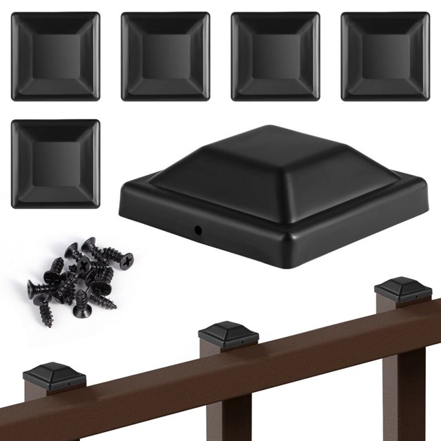6 Pcs Fence Post Caps with Screws, 3-5/8" x 3-5/8" Plastic Fence Post Toppers, Waterproof Fence Post Covers, Black Fence Pole Protectors for Deck Railing