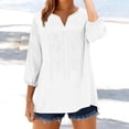 thumbnail image 2 of Lenpel Line Tops for Women Lantern 3/4 Length Sleeve V Neck Floral Embroidered Cotton T-Shirts Loose Tunic Blouses Dressy Casual Tees, 2 of 7