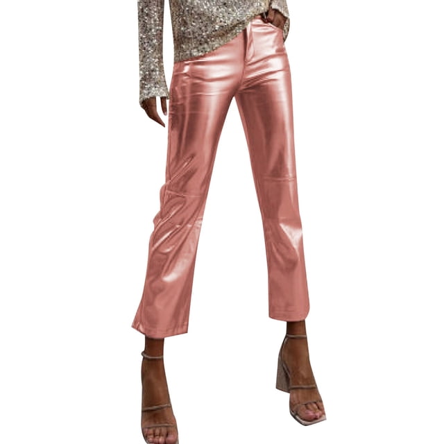 Kcodviy Pantalons pour Femmes 2025 Pantalons Décontractés Petite Taille Décontractés en Pu Pantalons Droits Décontractés Grande Taille Pantalons Longs en Cuir Pantalons Unis