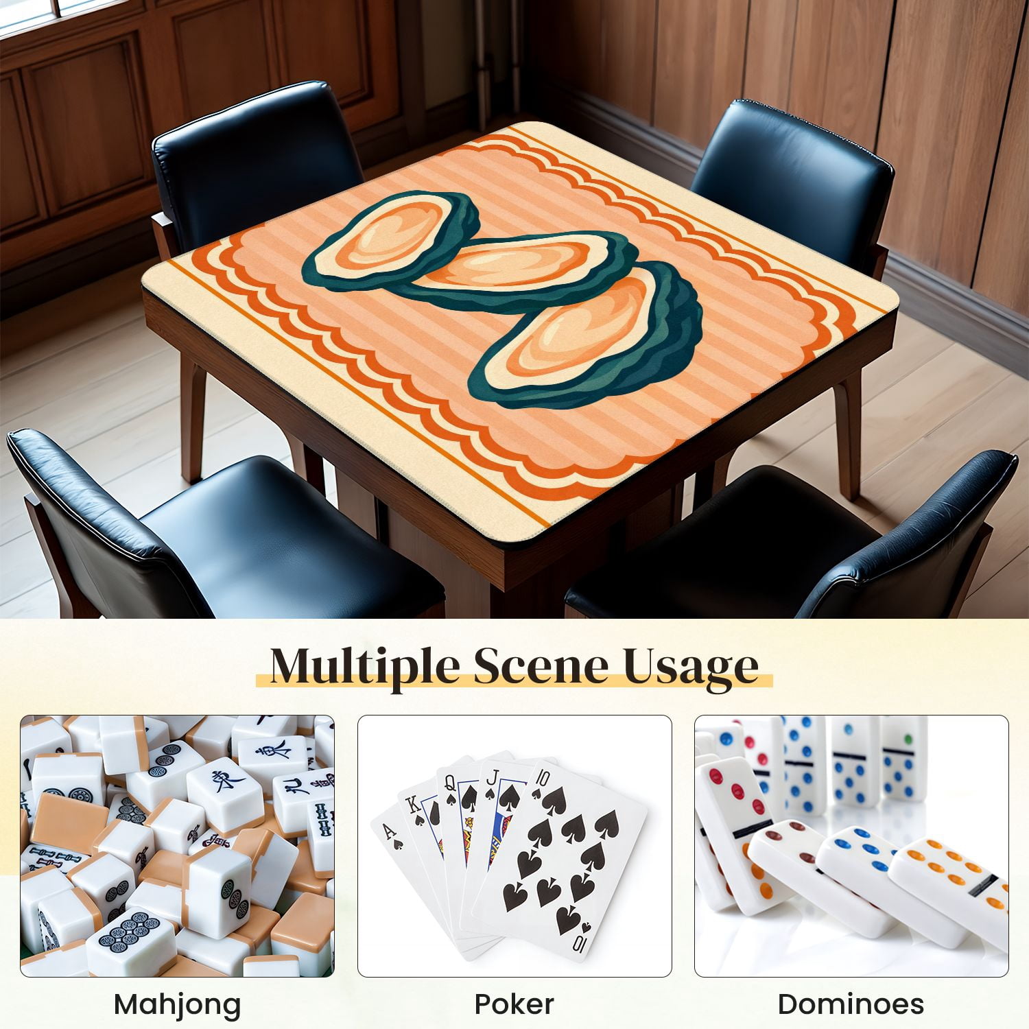 Mahjong Mat 31.5" x 31.5" Stacked Oysters Retro Style Bold Orange Teal Colors Non-Slip Noise Reduction Mahjong Tiles Table Cover for Dominoes Poker Card Board and Tile Games